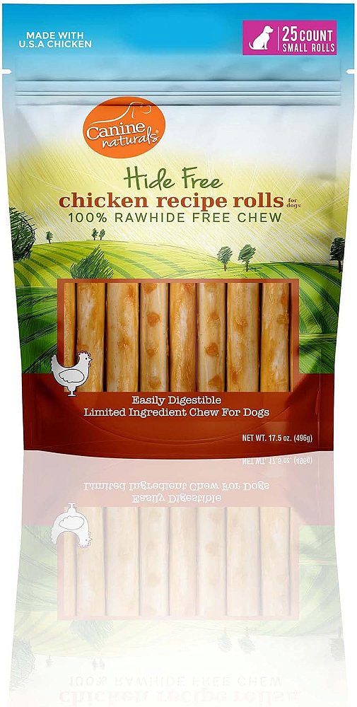 Petiscos para cães de receita de frango naturais - Mastigáveis sem couro cru - Feitos de frango criado nos EUA - Todos naturais e facilmente digeríveis - Pacote de 25 rolos mini de 2,5 para
