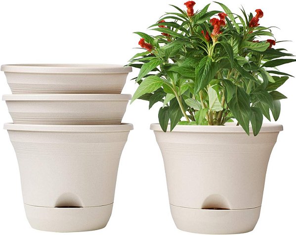 Conjunto de 4 vasos autoirrigáveis T4U 7,5 polegadas com armazenamento de água de longo prazo vaso para plantas de casa, flores, ervas, suculentas decoração de casa (Bege
