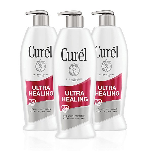 Loção Curél Ultra Healing para mãos e corpo, Hidratante para pele seca com Complexo de Ceramida Avançado e Agentes Hidratantes de Alta Potência, para pele extra seca e apertada, 13 onças (
