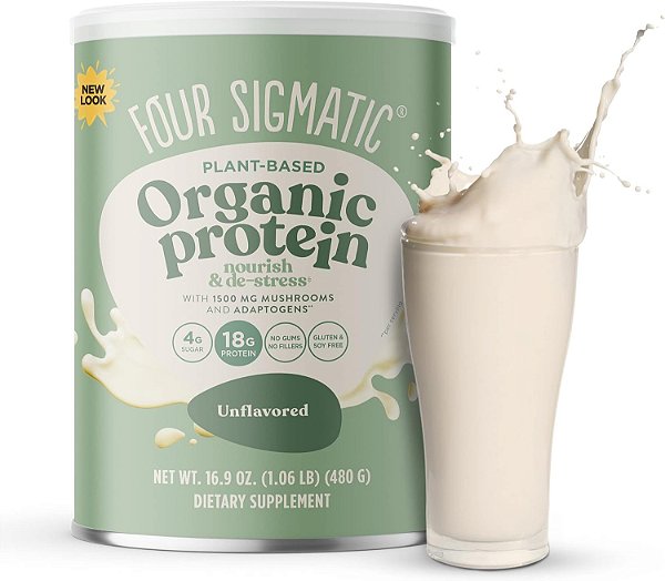 Pó de proteína orgânica à base de plantas Four Sigmatic sem sabor com Lion's Mane, Chaga, Cordyceps e mais | Proteína vegana limpa elevada para função cerebral e suporte imunológico | 16,9 oz