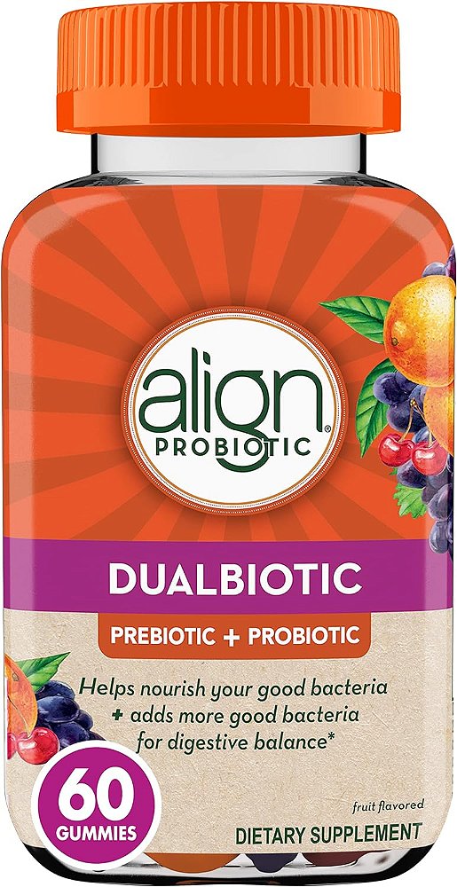 Alinhar DualBiotic, Prebiótico + Probiótico para Mulheres e Homens, Ajuda a Nutrir e Adicionar Boas Bactérias para Apoiar a Digestão, Sabores Naturais de Frutas, 60 Gomas de Gel