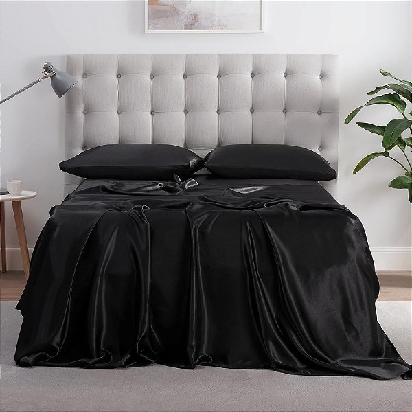 Serta SatinLuxury 3pc Conjunto de lençol de seda sedosa leve com bolso profundo e fronhas, Twin XL, preto
