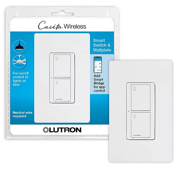 Interruptor inteligente Lutron Caseta para Casa Inteligente 5A com Placa de Parede, Funciona com Alexa, Apple HomeKit e Google Assistant | para ventiladores de teto e exaustores, lâmpadas de LED, incandescentes e hal