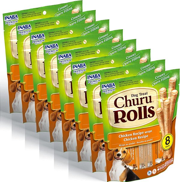 Inaba Churu Rolls para Cães, Livre de Grãos, Petiscos de Frango Assado Macio/Macio Recheado com Churu, 0,42 Onças Cada (64 Petiscos no Total, 8 por Pacote), Receita