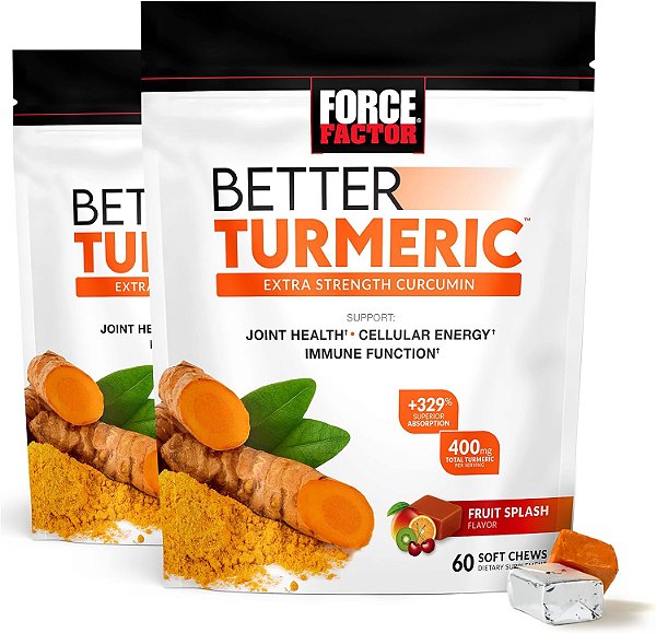 Suplemento de suporte articular Force Factor Better Turmeric para uma saúde articular extra forte, apresentando HydroCurc Cúrcuma Curcumina com Pimenta Preta para Absorção Superior, Sabor de Frutas, 120 Mastigáveis Macios.