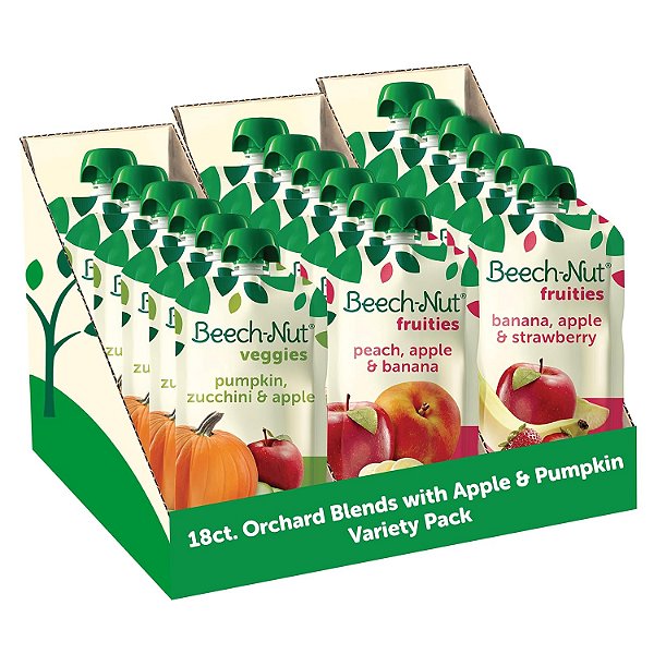 Pacote de Variedade de Comida para Bebês Beech-Nut, Mistura de Pomar com Maçã & Abóbora, sachês de Comida para Bebês de Frutas & Vegetais, 3.5oz (18 pacotes)