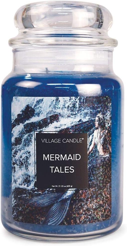 Vela perfumada em frasco de vidro apotecário grande Village Candle Mermaid Tales, 21.25 oz, azul.
