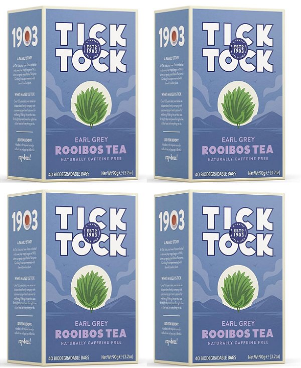Chá de Rooibos Earl Grey TICK TOCK, Naturalmente Livre de Cafeína, Rico em Antioxidantes, Sul-Africano, Superfood, 3,5 Oz, 40 Unidades, Pacote com 4