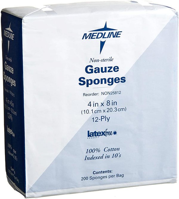 Esponjas de Gaze de Qualidade Premium Medline, 8x4 polegadas, 12 camadas, Tecido, Não Estéreis - Ideal para Profissionais da Saúde, Pacote com 200 Unidades.