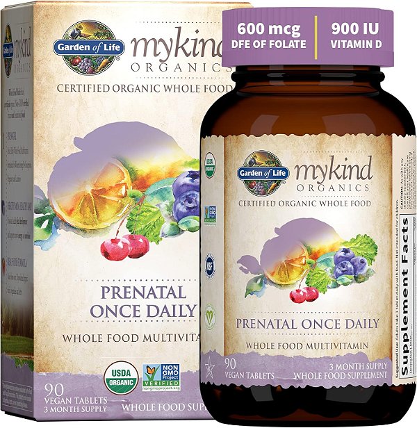 Vitamina Pré-Natal Orgânica Garden of Life: Ácido Fólico para Energia e Desenvolvimento Fetal Saudável, Ferro Não Constipante, Vitamina C, B6, B12, D3 - Orgânico, Não-Transgên