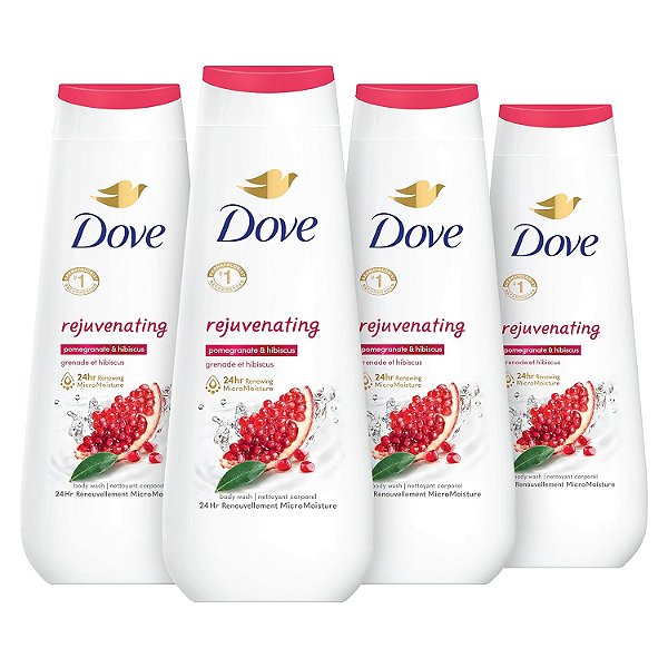 Sabonete Líquido Dove Rejuvenescedor de Romã e Hibisco 4 Unidades para Renovação da Pele com Aspecto Saudável e Suave, com MicroUmidade Renovadora 24h 20 oz.