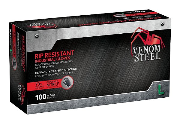 Luvas de Nitrilo Industrial Venom Steel, 6 mil, 2 camadas resistentes a rasgos, tamanho grande, 100 unidades, preto