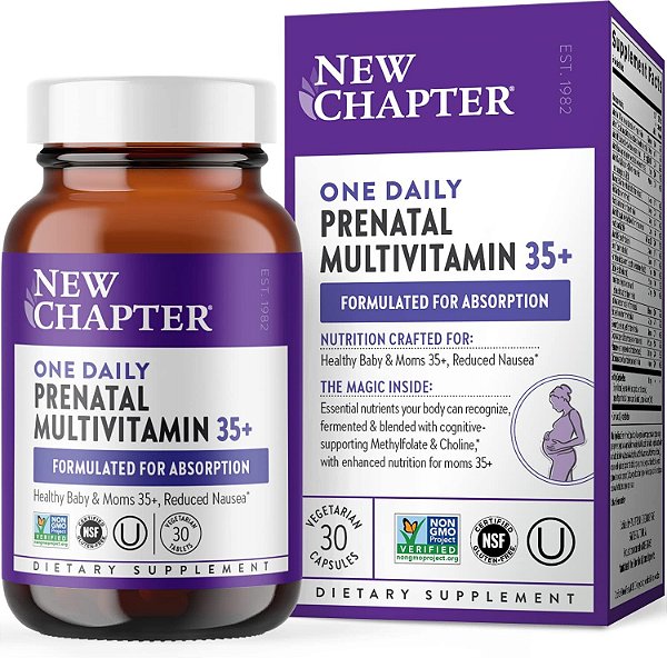 Vitaminas pré-natais New Chapter, um multivitamínico pré-natal diário aprimorado para mulheres com mais de 35 anos, com metilfolato + colina para mamãe e bebê saudáveis, sem glúten e não trans