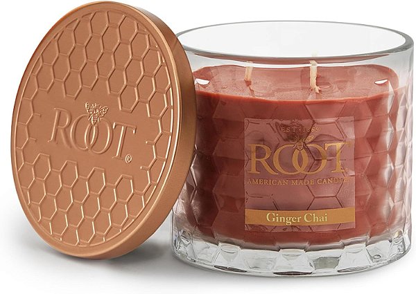 Velas Perfumadas de Outono Root Candles de Vidro em Formato de Favos de Mel com 3 Pavios Premium Feitas à Mão com Mistura de Cera de Abelha, 12 Onças, Gengibre Chai