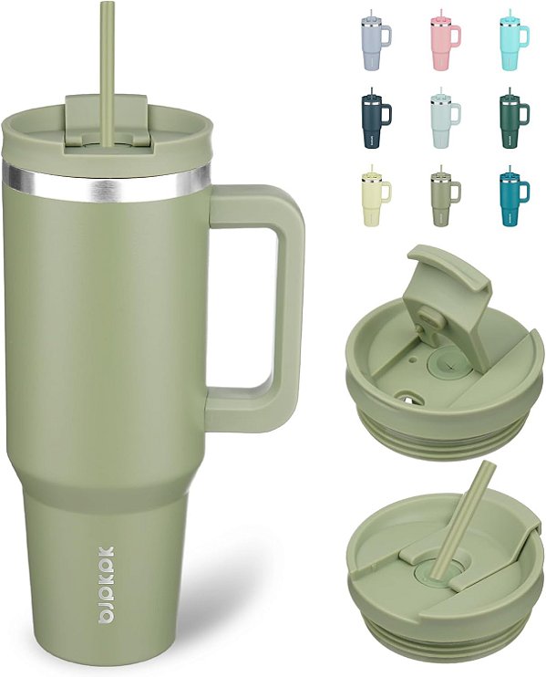 Copos isolados de aço inoxidável de 40 oz com tampa e canudo, copos com alça para mulheres e homens, salva.