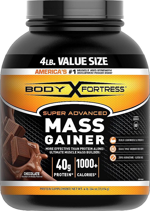 Pó de Proteína Super Avançado para Ganho de Massa da Body Fortress, Sem Glúten, Chocolate, 4 Lb