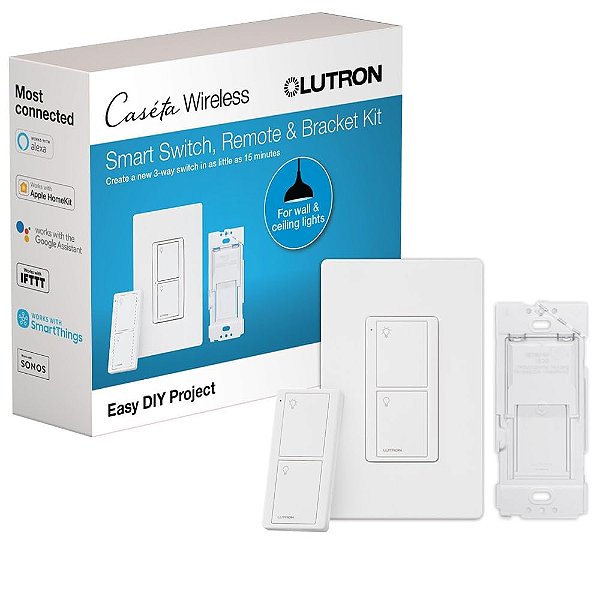 Interruptor e controle remoto sem fio Lutron Caseta | Interruptor de 3 vias | Compatível com Alexa, Apple HomeKit e Google Assistant | P-PKG1WS-WH | Branco