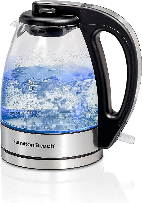Chaleira Elétrica de Vidro Hamilton Beach, Fervedor de Água e Aquecedor, 1 Litro, 1500 Watts para Rápido, Livre de BPA, Serviço sem Fio, Desligamento Automático e Prote