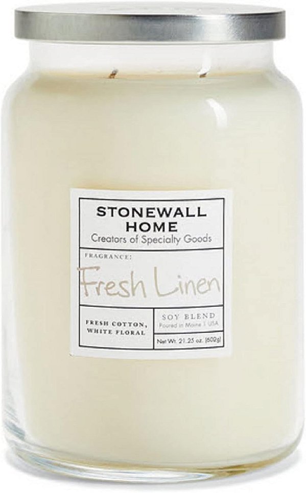Jarra de apotecário de vidro grande Stonewall Home Fresh Linen, Vela Perfumada, 21,25 oz., Branca