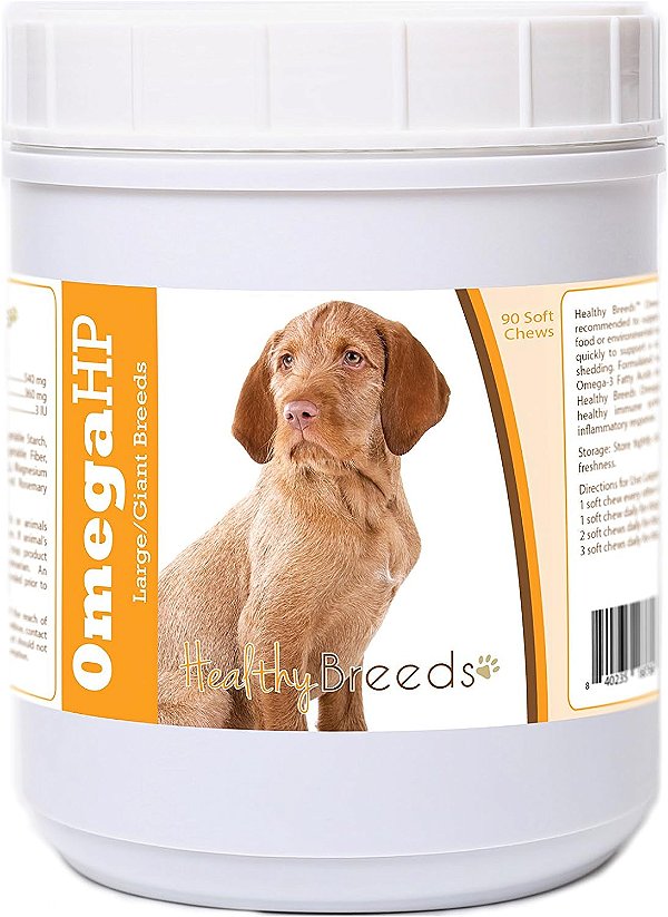 Suplemento de Omega HP ácido graxo para suporte à pele e pelagem em mastigáveis macios de Wirehaired Vizsla da Healthy Breeds - 90 unidades.