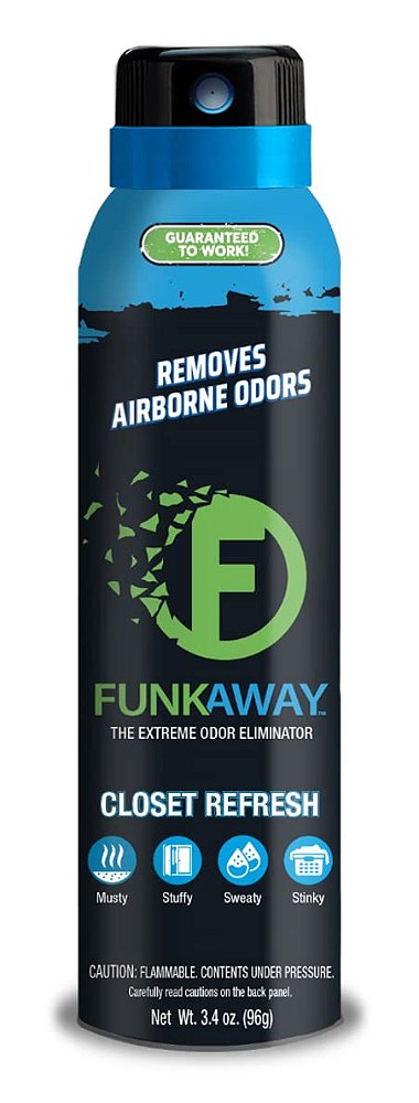 FunkAway Extreme Odor Eliminating Closet Refresher AeroSpray, 6 oz., Odor Eliminating Spray Removes Musty, Stuffy, Sweaty and Stinky Airborne Odors
- Refrescante para Armários FunkAway Extreme Elimina Odor, Aerossol