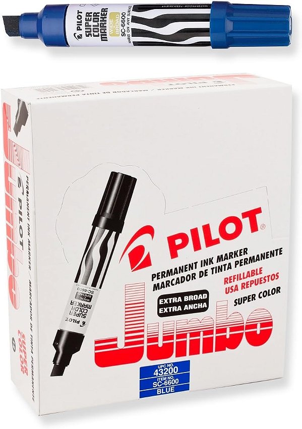 Marcadores Permanentes Recarregáveis PILOT Super Color Jumbo, Tinta Azul, Ponta Chanfrada Extra-Larga, Pacote com 12 Unidades (43200)