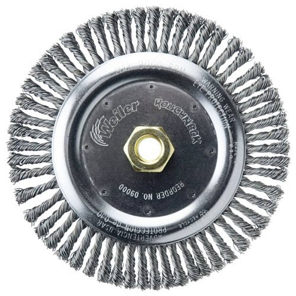 Escova para limpeza de solda de passe de raiz Weiler 09000 Roughneck 7, .020 Preenchimento de fio de aço, 5/8-11 porca Unc, Fabricado nos EUA, 56 nós