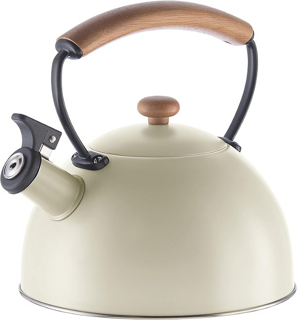 Chaleira OGGI para Fogão - 85oz / 2.5lt, Chaleira de Aço Inoxidável com Apito Alto e Cabo de Madeira Frio ao Toque, Chaleira ideal para Água Quente e Fervura de Á