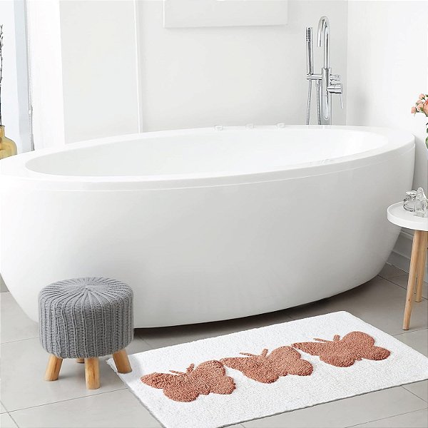 Tapete de banho de algodão Jessica Simpson, Tapete de banheiro de alta qualidade com sobretecer, Decoração lavável à máquina, 20x32, Trio de borboletas branco/coral