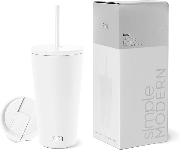 Copo Isolado Moderno Simple com Tampa e Canudo | Copo de Café Gelado Reutilizável de Aço Inoxidável | Garrafa de Água com Isolamento para Viagem | Presente para Mulheres e Homens | Coleção Cláss