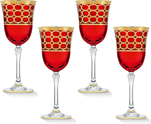 Lorren Home Trends Taça de Vinho Tinto Vermelha Profunda com Anéis Dourados, Conjunto de 4
