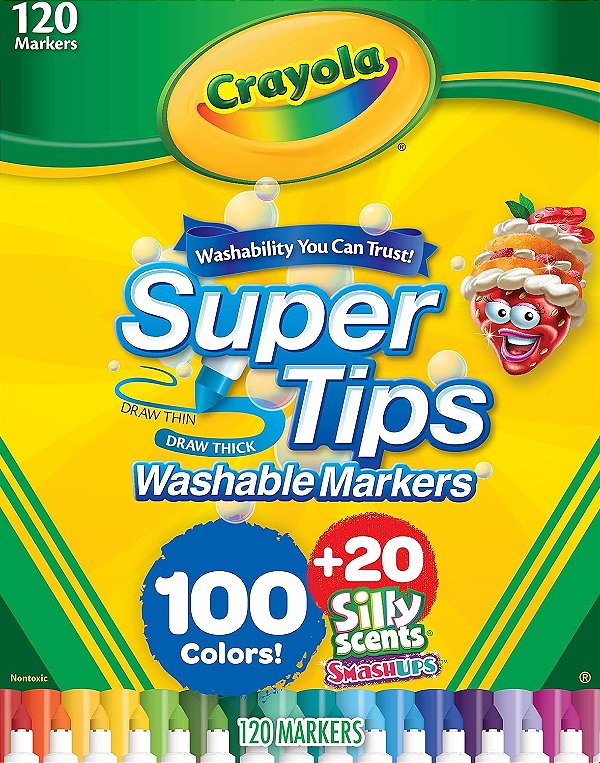 Conjunto de marcadores Crayola Super Tips (120 unidades), marcadores laváveis para crianças, conjunto de marcadores perfumados, presente para crianças, marcadores coloridos em grande quantidade [Exclusivo da Amazon]