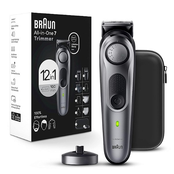 Kit de estilo tudo-em-um da Braun Série 7 7440, aparador 12 em 1 para homens com aparador de barba, aparador de corpo para manscape, cortador de cabelo e mais, lâmina mais afiada da Braun,