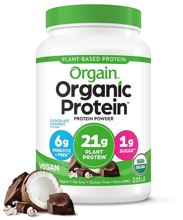 Pó de Proteína Vegana Orgânica Orgain, Chocolate e Coco - 21g de Proteína à Base de Plantas, Baixo Teor de Carboidratos Líquidos, Sem Laticínios, Sem Glúten, Sem Lactose