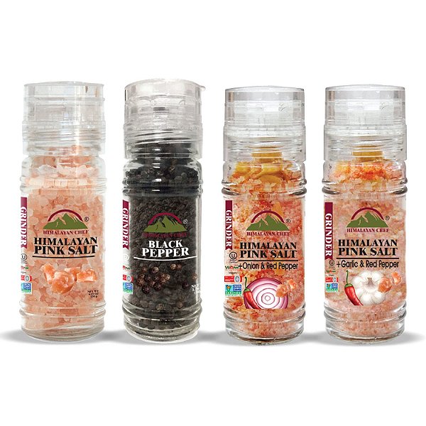 Conjunto de Moedores de Sal e Pimenta Himalayan Chef (Sal Rosa, Pimenta Preta, Sal de Cebola, Sal de Alho), 1 unidade (pacote com 4)