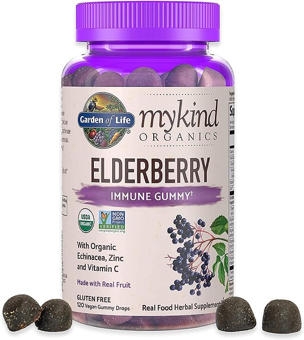 Gomas de Sabugueiro Orgânicas Garden of Life para Adultos e Crianças - Suplemento de Suporte Imunológico com Frutas Orgânicas, Mistura de Ervas, Sabugueiro, Equinácea, Zinco, Vitamina