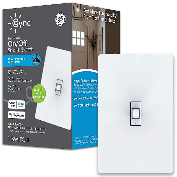 Interruptor de luz inteligente GE CYNC, estilo de alavanca, fio neutro necessário, Bluetooth e interruptor Wi-Fi de 2,4 GHz de 4 fios, funciona com Alexa e Google (1 pacote)