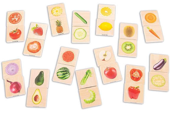 Jogo de correspondência de frutas e vegetais de madeira TickiT - Conjunto de 28 - Fotos reais - Quebra-cabeça de identificação e cognição de alimentos para crianças pequenas.