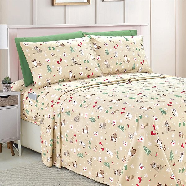 Conjunto de roupa de cama luxuosa e confortável com estampa de férias, qualidade premium de hotel, microfibra macia - Resistente a amassados e desbotamento (4 peças), Twin, Gatos Creme.