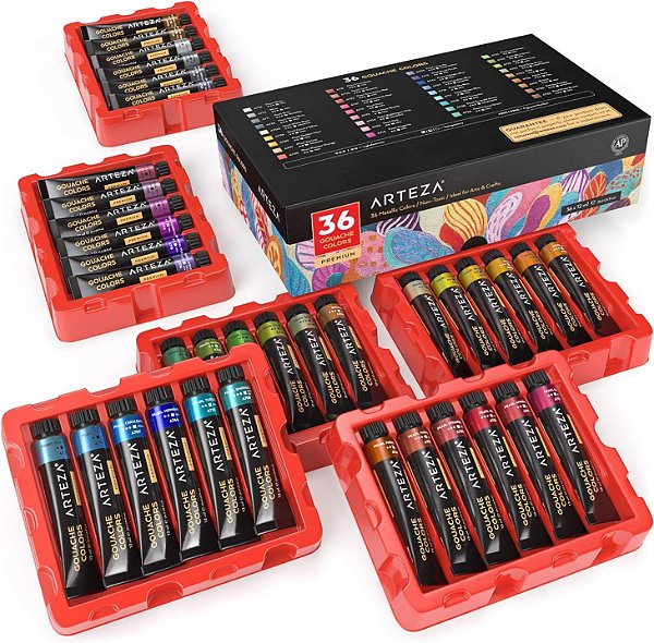 Conjunto de Tintas Metálicas Gouache ARTEZA, Conjunto de 36 Cores de Tinta Pérola em Tubos de 12ml/0.4 fl oz, Tinta Perolada para Tela e Papel, Tinta Gou