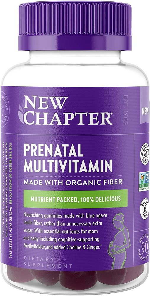 Gomas Multivitamínicas Pré-natal New Chapter - 71% Menos Açúcar, Gomas Pré-natais para Mamãe & Bebê Saudável com Vitaminas Pré-natais Metilfolato, D3, Colina