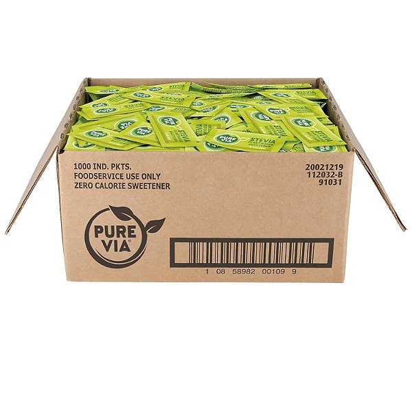 Adoçante de Stevia PURE VIA, Substituto de Açúcar, Adoçante Natural, Livre de Eritritol, Adoçante Natural de Zero Calorias em Pacotes, 1.000 unidades, (Pacote de 1)