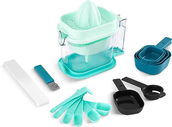 Conjunto de medição Dash SmartStore™ com espremedor de citrinos, 6 colheres de medição, 4 xícaras de medição, copo de medição líquida, zester de citrinos, funil, nivelador