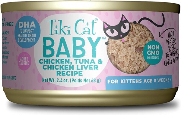 Ração úmida para gatos filhotes Tiki Cat Baby, Pedacinhos de Frango, Atum e Fígado de Frango, Alta Proteína e Saborosa, para Gatos Filhotes a partir de 8 semanas, Latas de