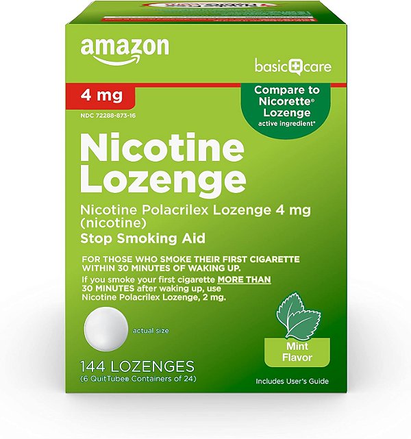 Pastilhas de Nicotina Polacrilex Amazon Basic Care, 4 mg, Sabor Menta, Auxílio para Parar de Fumar, 144 Unidades
