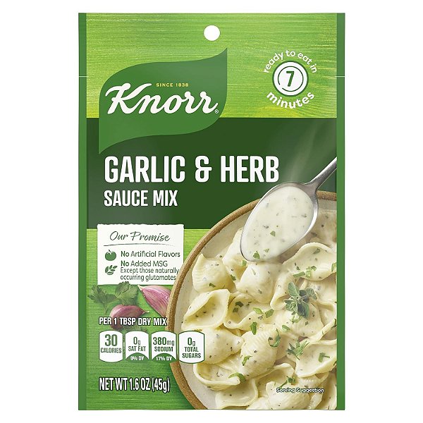 Molho de Massa Cremoso Knorr para Refeições Simples e Acompanhamentos Alho e Ervas, Sem Sabores Artificiais, Sem Adição de MSG 1,6 oz, Pacote com 24 unidades.