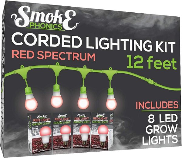 Kit de sistema com fio MiracleLED 602524 de 8 tomadas e 12 pés com 8 luzes de crescimento de espectro vermelho SmokePhonics, substituindo lâmpadas de sódio/halogeneto de alta pressão de