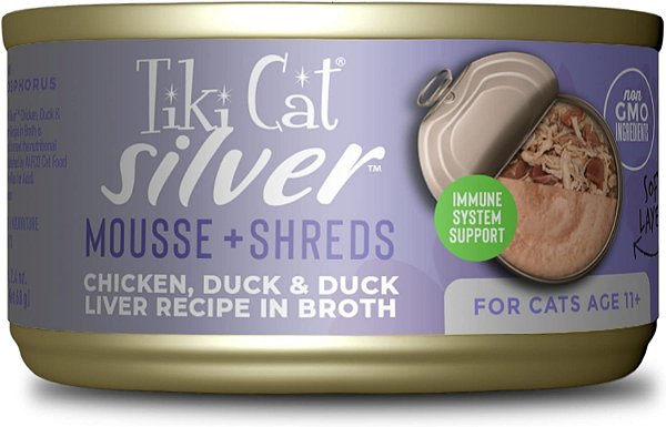 Tiki Cat Silver Comfort Mousse + Shreds, Frango & Pato e Fígado de Pato, Fórmula de Apoio ao Sistema Imunológico Formulada para Gatos Mais Velhos A partir de 11 anos, Comida Úmida