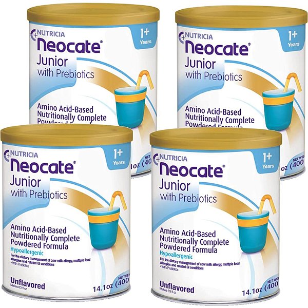 Neocate Junior - Fórmula hipoalergênica à base de aminoácidos em pó para crianças pequenas e júnior - Sem sabor - lata de 14,1 onças (pacote com 4 unidades)