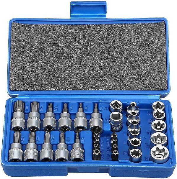 Conjunto de Soquetes Torx Star Bit E-Socket para Homens e Mulheres - 34 Peças, Conjunto de Soquetes Star para Uso Manual em Carros, Caminhões, Máquinas e Outros Trabalhos Com Estojo de
